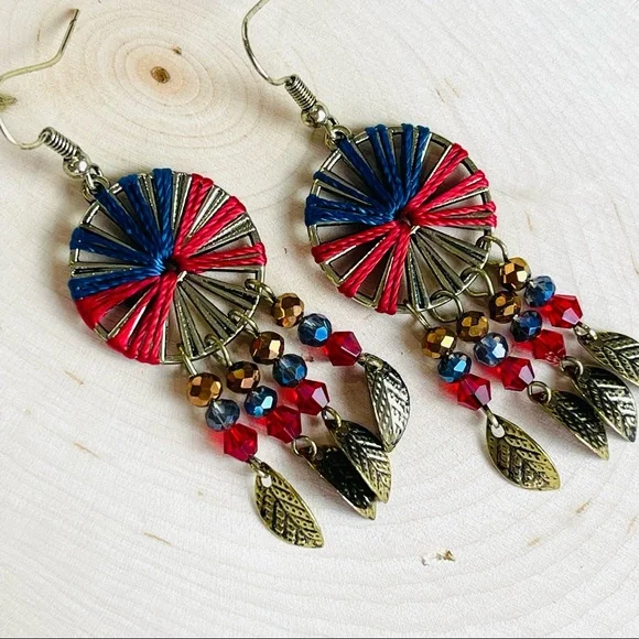 FERRIS WHEEL Southwestern pinwheel DANGLE earring gold feather leaf dangling - Picture 9 of 12
